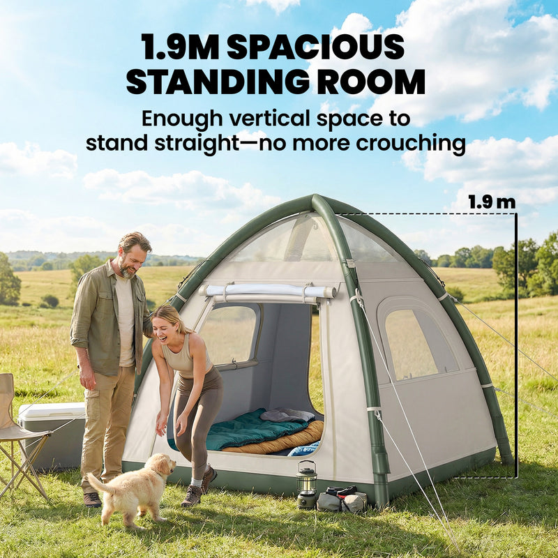 Inflatable Camping Tent with Fast 2 Minute Setup and Standing Height for Families Beige