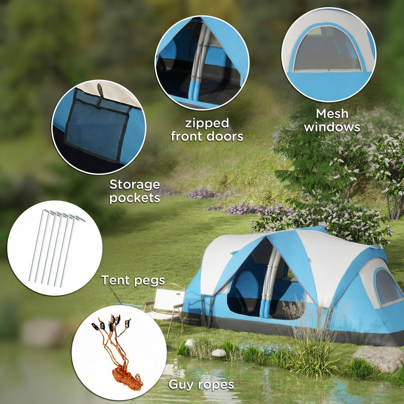 Family Tent 6 Person With 2 Bedrooms, Waterproof Rainfly 2000mm, Sky Blue