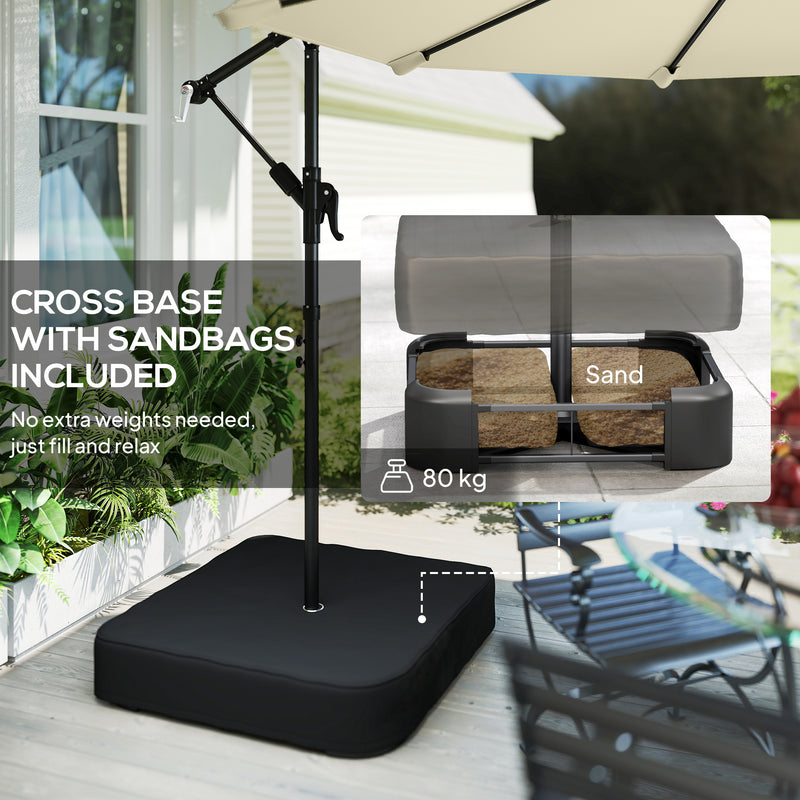 3m Beige Cantilever Umbrella For Patio with Base - 360 Degree Shade - Top Vent - Crank Handle