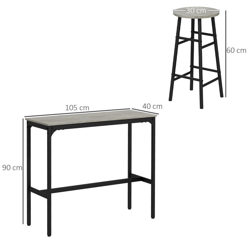 3 Piece Bar Table and Stool Set with Footrests for Kitchen or Dining Room Grey