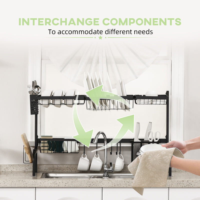 2 Tier Over Sink Dish Drying Rack Adjustable Space Saving Drainer for Kitchen, Black