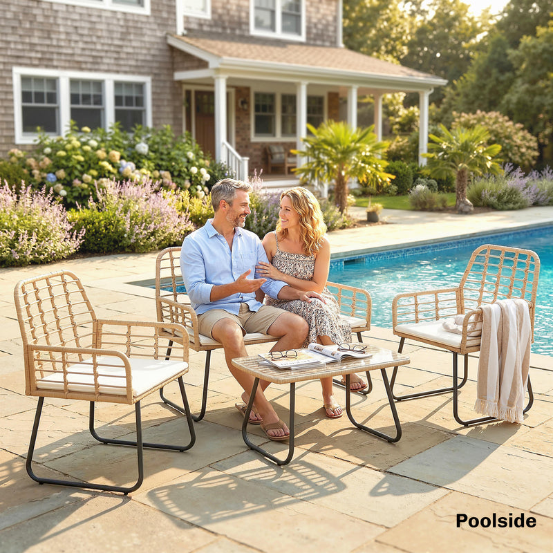 Rattan Garden Furniture Set with Cushions and Coffee Table for Patio or Balcony Natural Wood Outsunny