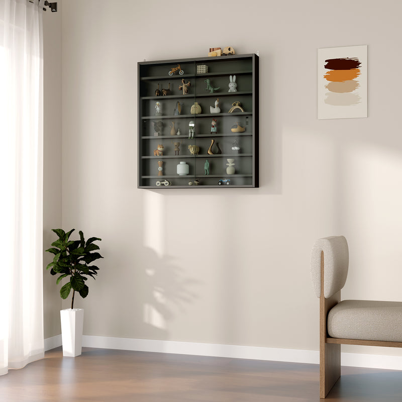 Black 7 Tier Wall Display Cabinet with Glass Doors and Adjustable Shelves by HOMCOM