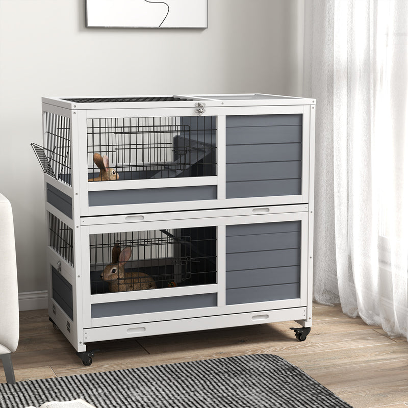 Double Deck Indoor Guinea Pig Cage With Trays Ramps and Open Top for Easy Access Grey
