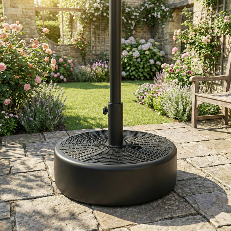 Fillable Parasol Base for Garden Umbrellas with Secure Support For 38-48mm Poles, Black Rattan Style Finish