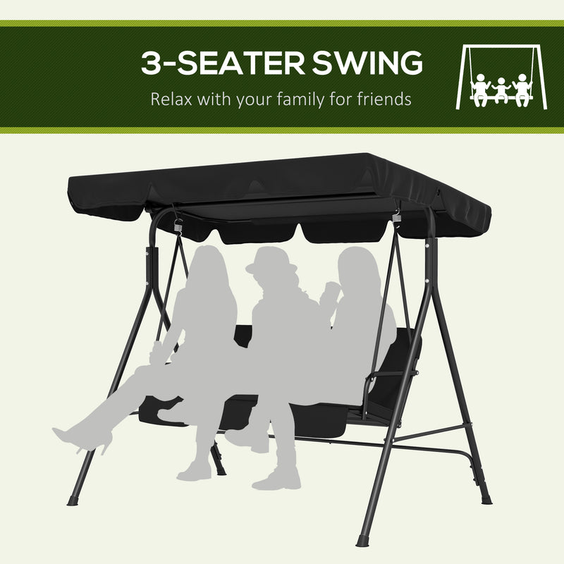 Black 3 Seater Garden Swing Chair With Adjustable Canopy For Relaxing Outdoors