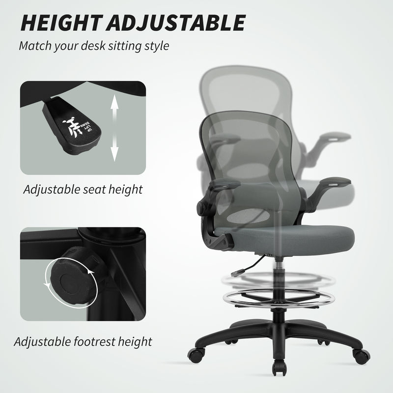 Ergonomic Mesh Draughtsman Chair with Lumbar Support and Foot Ring for Standing Desk Charcoal Grey