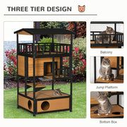 3 Tier Wooden Outdoor Cat House With Terrace And Elevated Base For Winter Shelter, Yellow