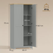 Tall Grey Freestanding Storage Cabinet For Kitchen with 4 Shelves - Modern Design 80x48x172cm Homcom