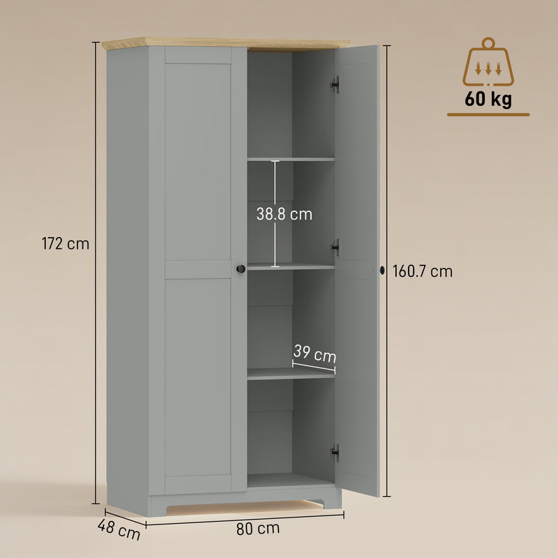 Tall Grey Freestanding Storage Cabinet For Kitchen with 4 Shelves - Modern Design 80x48x172cm Homcom