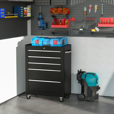 Lockable Black 5 Drawer Steel Tool Chest With Wheels For Garage Or Workshop Storage
