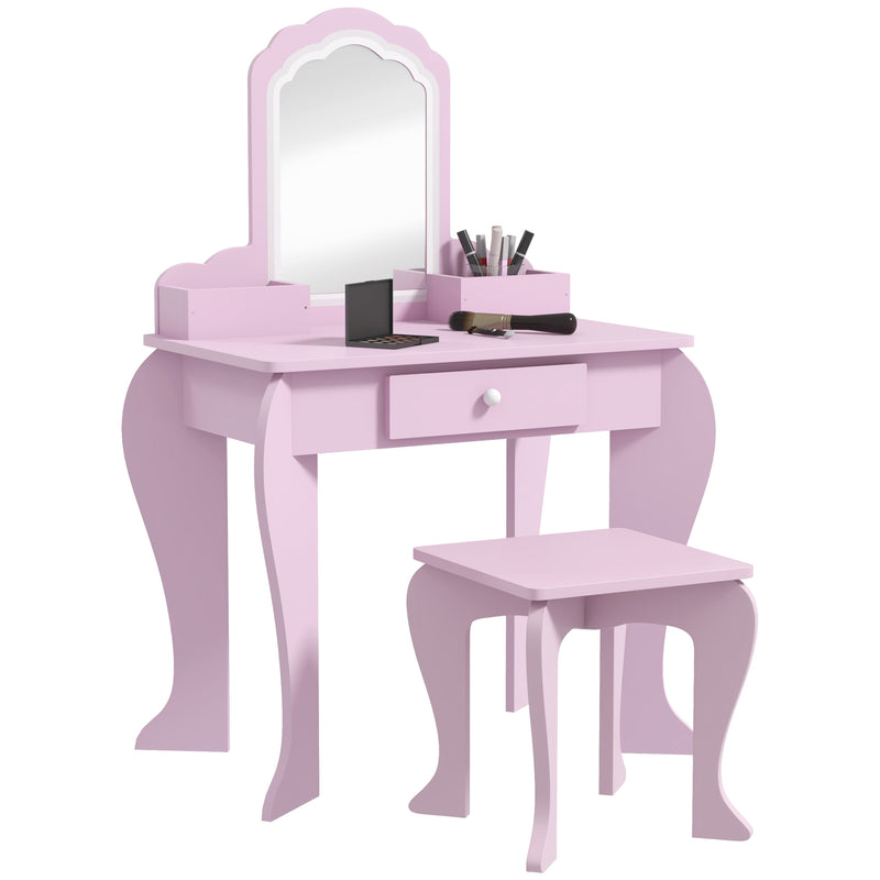 Kids Vanity Table Set with Mirror Stool and Storage for Ages 3 to 6 Years, Pink