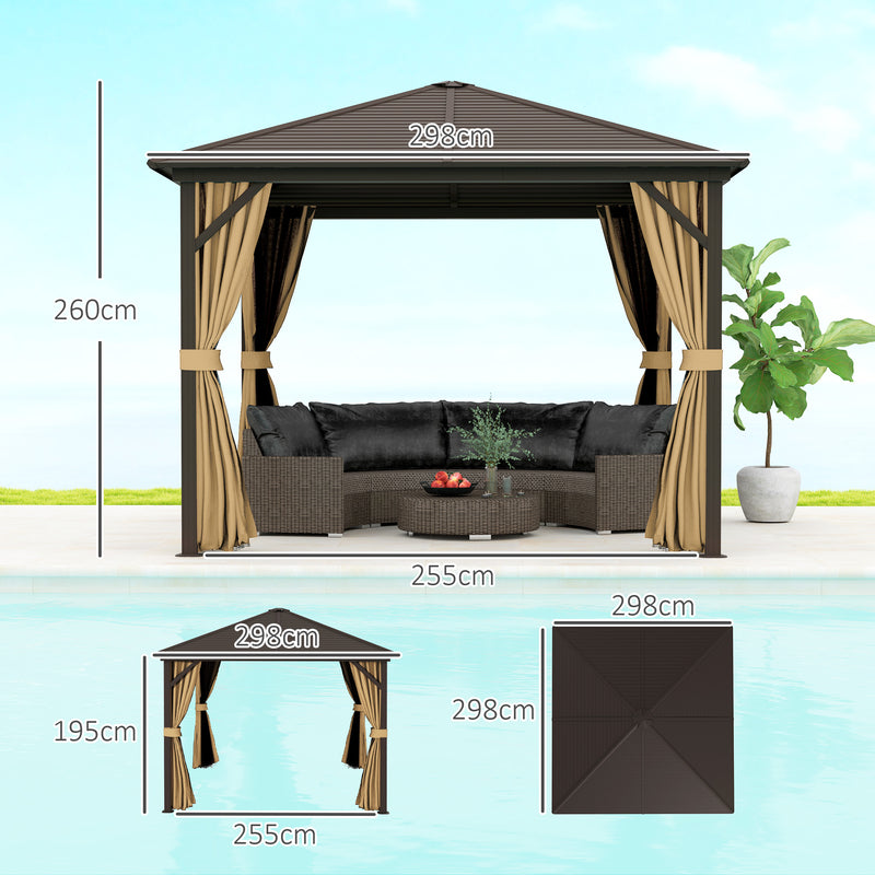 Brown 3m x 3m Metal Hardtop Gazebo with Curtains and Accessories by Outsunny