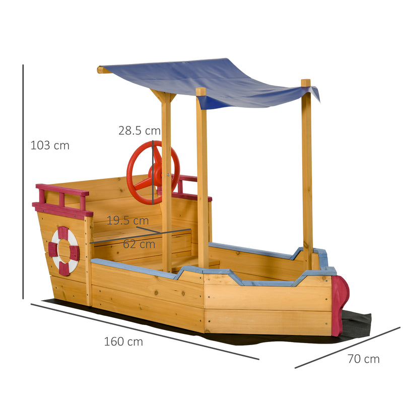 Wooden Pirate Ship Sandpit for Kids with Canopy Storage Bench and Liner Outdoor Play Brown