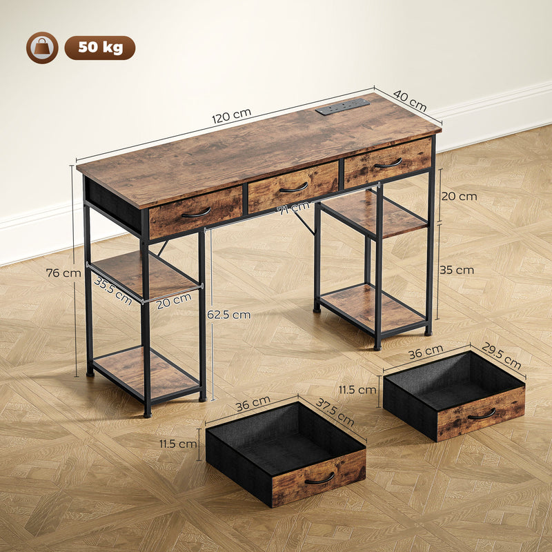 Industrial  120cm Computer Desk With Power Outlets Drawers And Storage Shelves For Home Office