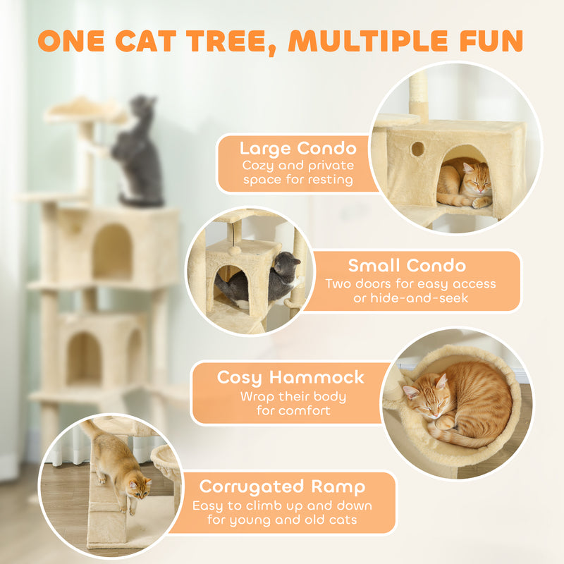 Tall Cat Tree With Sisal Scratching Posts and Hammock for Indoor Cats Beige Cream White