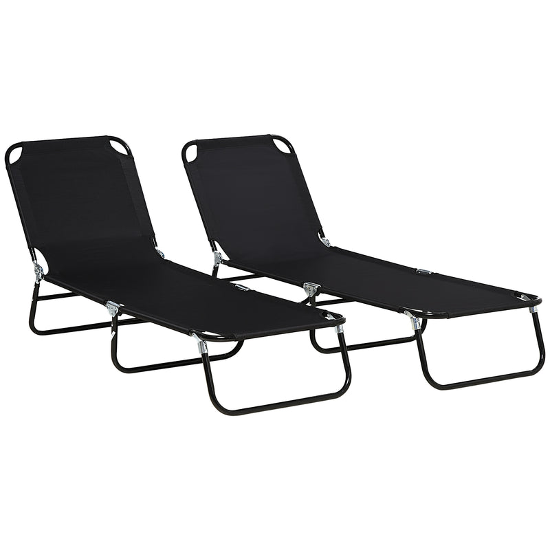 Set of 2 Black Folding Sun Loungers with Metal Frame Ideal for Garden or Patio Use