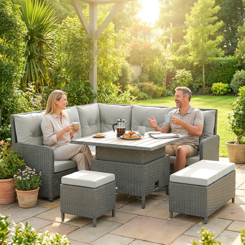 6-Piece Rattan Garden Furniture Set with Height-Adjustable Coffee Table, Dark Grey & Cream Outsunny