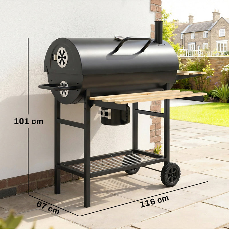 Barrel Charcoal BBQ Grill for Easy Outdoor Cooking with Large Cooking Area and Storage Black Outsunny