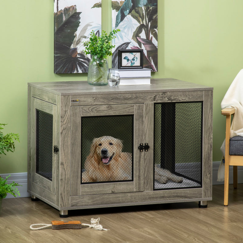 2 in 1 Dog Crate and Side Table with Cushion and Double Doors for Large Dogs Grey