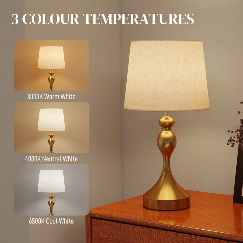 Set of 2 Modern Bedside Table Lamps with USB Charging and 3 Light Modes, Gold Tone AOSOM