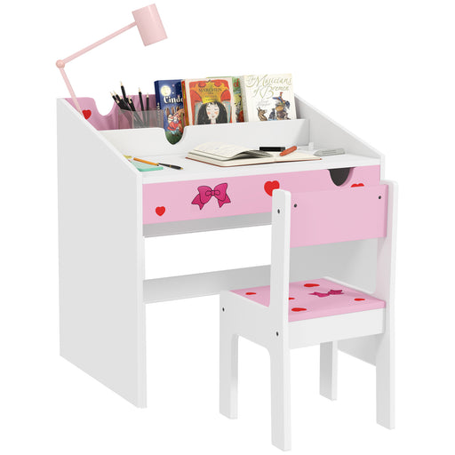 Pink Kids Study Table and Chair Set With Storage and Pull-Out Drawer for Ages 3-6 by AIYAPLAY