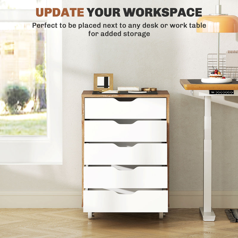 Oak Brown 5 Drawer Filing Cabinet with Wheels for Home Office by Vinsetto