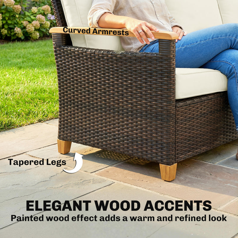 3 Seater Brown Rattan Garden Sofa with Deep Cushions & Removable Covers Outsunny