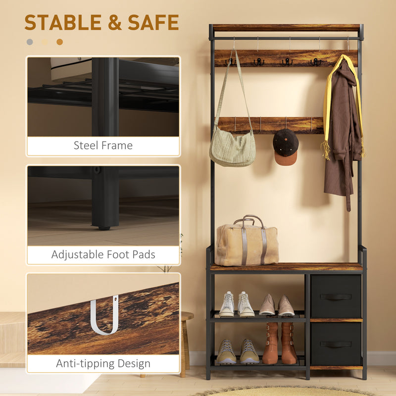 Industrial Style Hallway Coat Rack With Shoe Bench in Brown and Black by HOMCOM