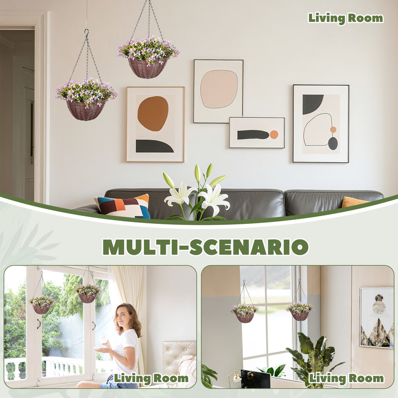 Artificial Hanging Flower Baskets Set of 2 with 75 Leaves for Home or Office Purple