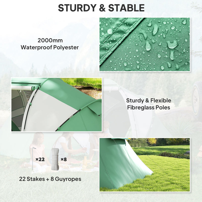 Tunnel Tent with Two Bedrooms and Living Area for Group Camping 4–6 Person Green White