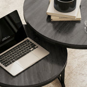 Nesting Coffee Table Set of 2 Space Saving Tables for Living Room Black Wood Grain AOSOM