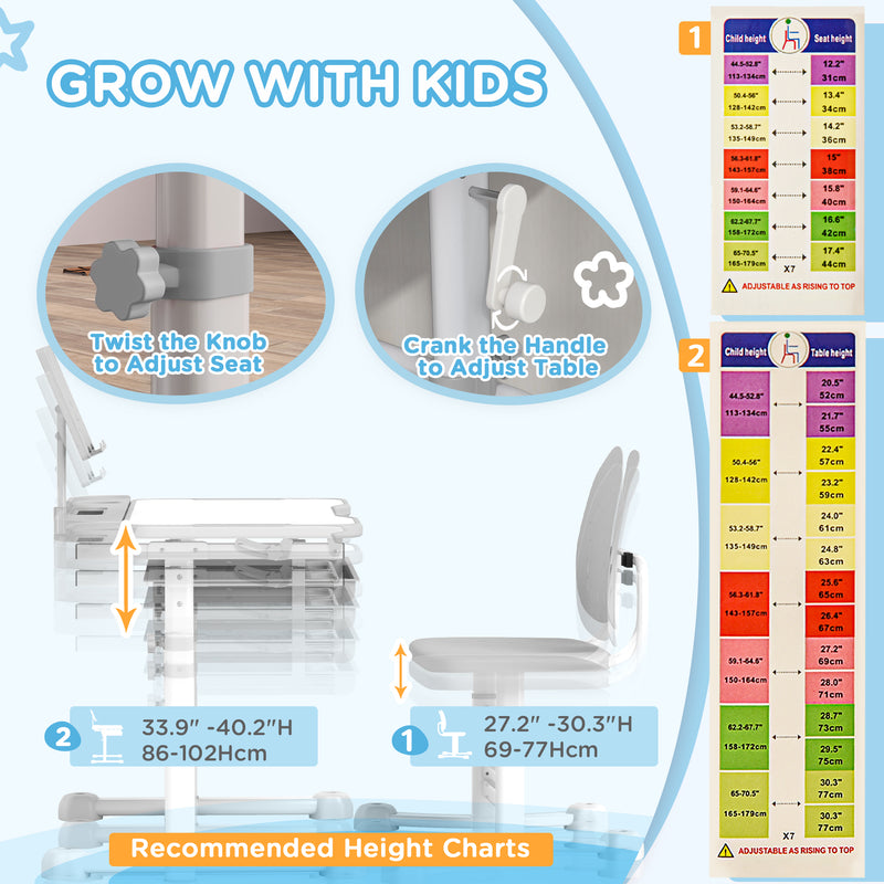 Height Adjustable Kids Desk and Chair Set with Tilted Desktop Grey by AIYAPLAY