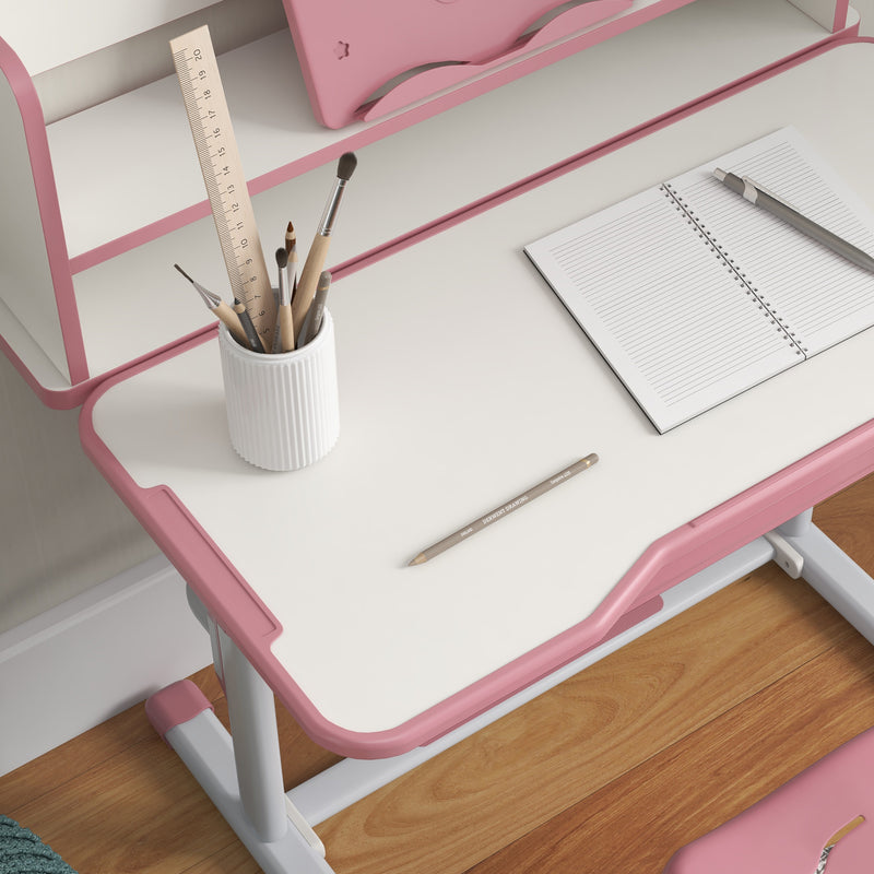 Height Adjustable Kids Study Desk and Chair Set with Storage Shelf and Drawer, Pink