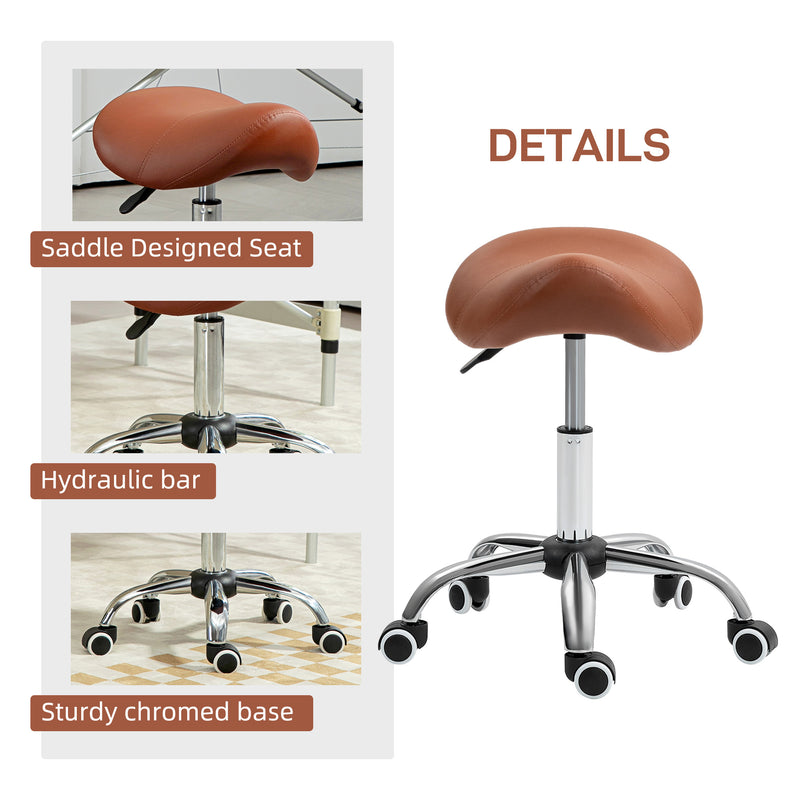 Height Adjustable Saddle Stool for Salon or Spa Use with Faux Leather Seat Brown