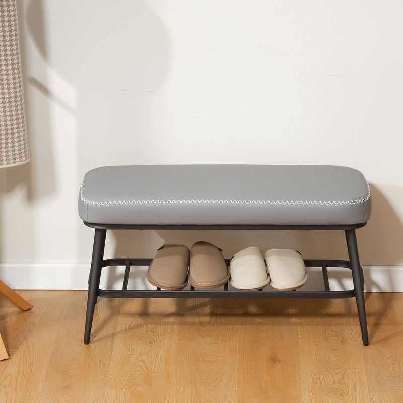 PU Leather Shoe Storage Bench With Padded Seat and Hidden Compartment, Grey