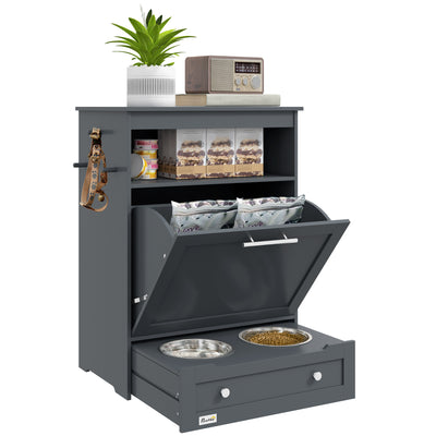 Pet Feeding Station With Raised Bowls Storage Cabinet And Hook For Dogs And Cats, Grey