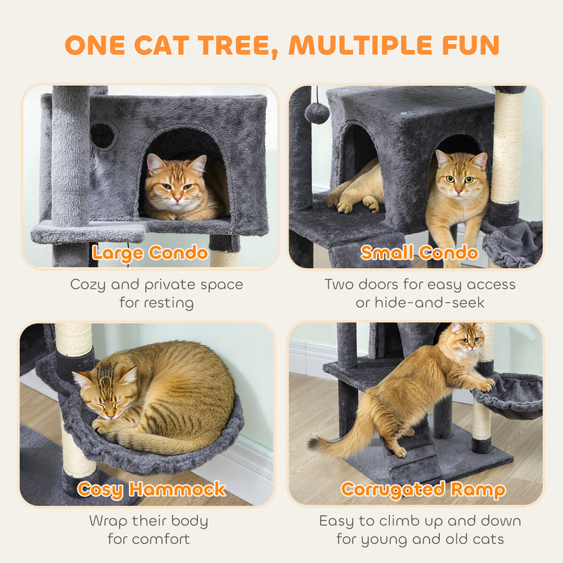 Large 140cm Cat Tree Tower with Hammock and Scratching Posts for Indoor Cats Dark Grey AOSOM
