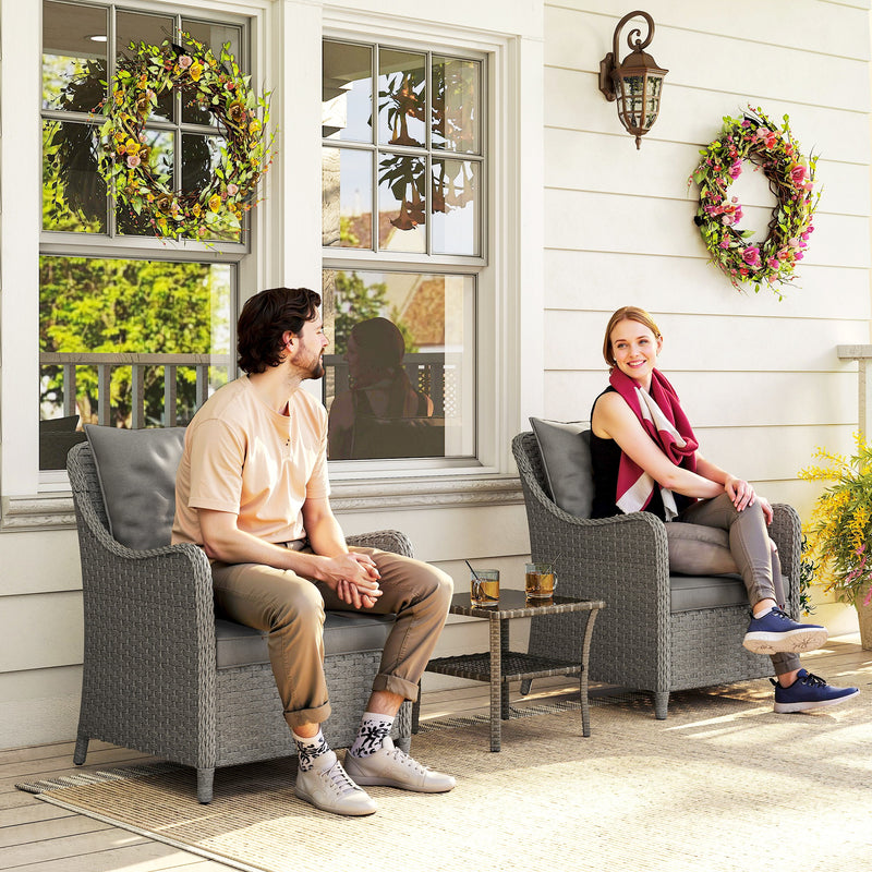 Set of 2 Rattan Garden Chairs with Cushions High Back and Armrests for Outdoor Use, Dark Grey