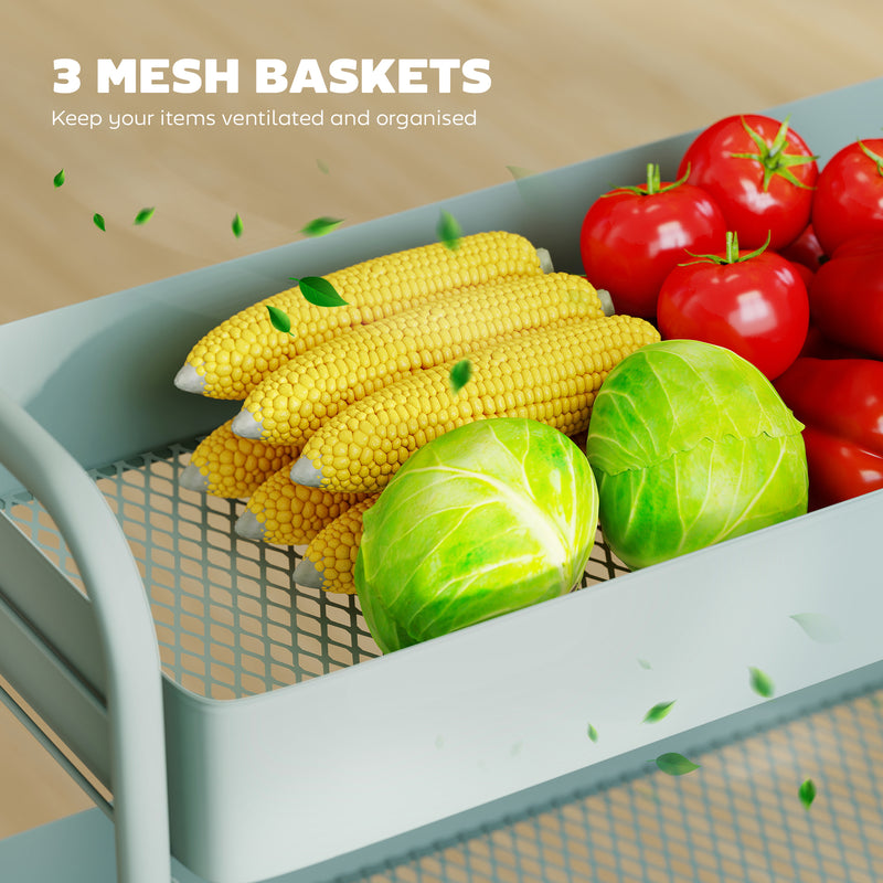 3 Tier Rolling Storage Trolley With Mesh Baskets For Kitchen Or Bathroom Use Light Green