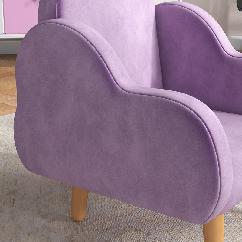 Kids Velvet Armchair with Wooden Frame and Cloud Design for Toddlers Ages 1 to 3, Purple