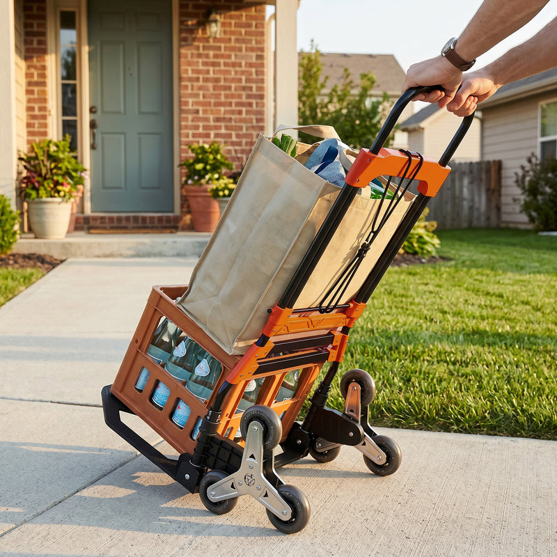 Stair Climbing Folding Trolley for Easy Shopping and Box Transport Black Orange