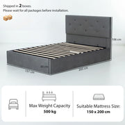 Ottoman King Size Bed Frame With Lift Up Storage & Velvet Headboard for Organised Bedrooms, Dark Grey Homcom