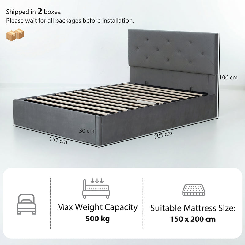 Ottoman King Size Bed Frame With Lift Up Storage & Velvet Headboard for Organised Bedrooms, Dark Grey Homcom