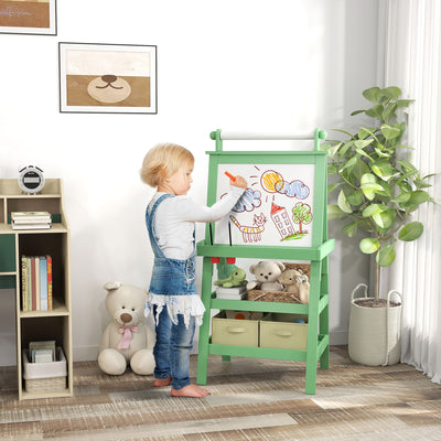 3 in 1 Kids Easel with Magnetic Whiteboard Chalkboard Paper Roll and Storage Baskets, Green