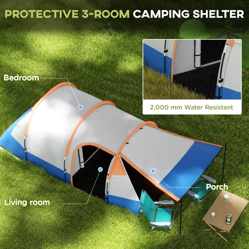 Outsunny Camping Tent, Large Tunnel Tent with Bedroom and Living Area, 2000mm Waterproof, Portable with Bag for 2-3 Man, Orange