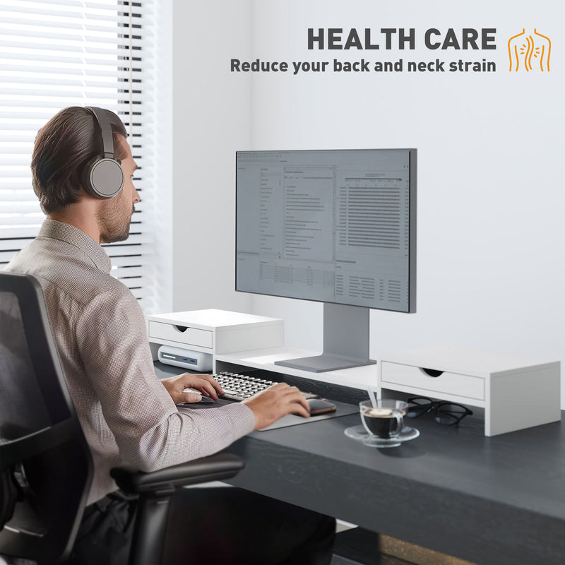 White Dual Monitor Stand Riser with Adjustable Length and Storage Drawers by HOMCOM AOSOM