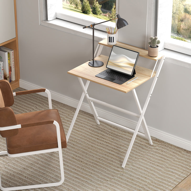 Natural Wood Folding Computer Desk with Monitor Shelf 70 cm Space Saving Design by Homcom