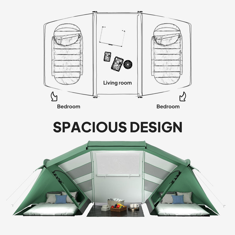 Tunnel Tent with Two Bedrooms and Living Area for Group Camping 4–6 Person Green White