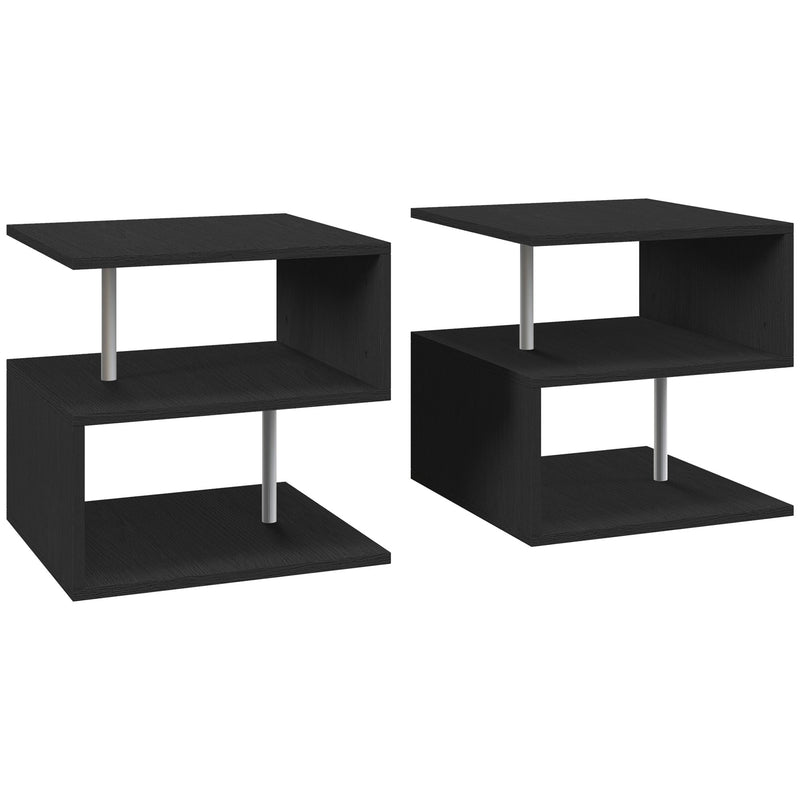 Set of 2 Wooden S Shape Coffee Tables with 2 Tier Storage Shelves for Living Room Black